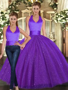 Purple Sleeveless Sequined Lace Up Ball Gown Prom Dress for Sweet 16 and Quinceanera