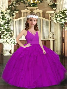 V-neck Sleeveless Zipper Little Girl Pageant Dress Purple Tulle