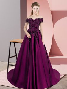 Purple Sleeveless Satin Court Train Zipper Sweet 16 Dresses for Party and Sweet 16 and Wedding Party