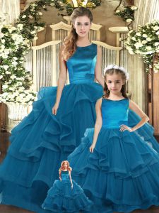 Edgy Teal Quince Ball Gowns Military Ball and Sweet 16 and Quinceanera with Ruffles Scoop Sleeveless Lace Up
