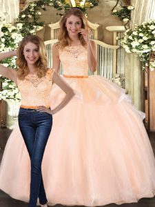 Gorgeous Peach Two Pieces Lace Sweet 16 Quinceanera Dress Zipper Organza Sleeveless Floor Length