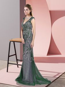 Sweep Train Mermaid Prom Dress Dark Green V-neck Tulle Sleeveless Zipper