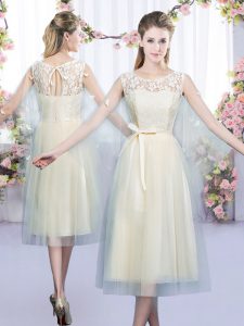 Scoop Sleeveless Wedding Guest Dresses Tea Length Lace and Belt Champagne Tulle