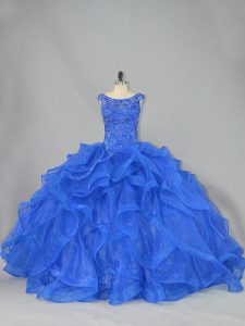 Customized Lace Up Quinceanera Gown Royal Blue for Sweet 16 and Quinceanera with Beading and Ruffles Brush Train