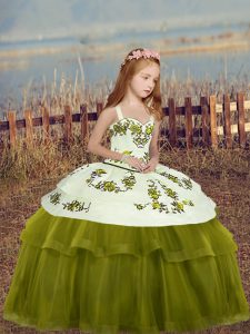 Sleeveless Tulle Floor Length Lace Up Custom Made Pageant Dress in Olive Green with Embroidery