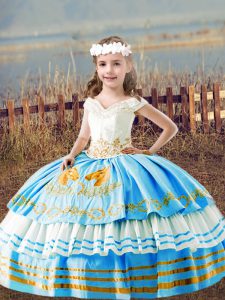 Baby Blue Satin Lace Up Off The Shoulder Sleeveless Floor Length Pageant Dress Toddler Embroidery