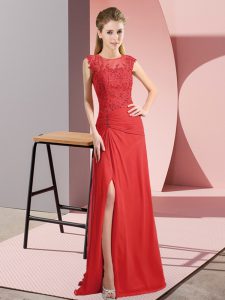 Red Scoop Zipper Beading Evening Dress Sleeveless