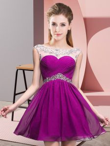 Fuchsia Sleeveless Mini Length Beading and Ruching Backless Prom Dress