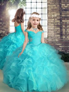 Most Popular Sleeveless High Low Beading and Ruffles Lace Up Little Girl Pageant Dress with Aqua Blue