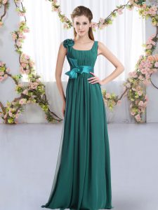 Peacock Green Sleeveless Belt and Hand Made Flower Floor Length Dama Dress for Quinceanera