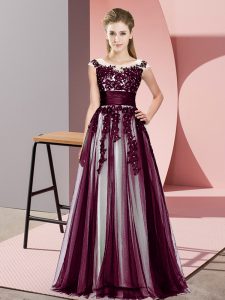 Beading and Lace Wedding Party Dress Dark Purple Zipper Sleeveless Floor Length