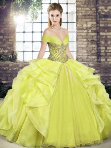 Floor Length Yellow Ball Gown Prom Dress Off The Shoulder Sleeveless Lace Up