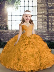 Gold Ball Gowns Beading Evening Gowns Lace Up Fabric With Rolling Flowers Sleeveless Asymmetrical