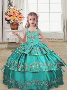 Beauteous Sleeveless Satin Floor Length Lace Up Pageant Dress Toddler in Turquoise with Embroidery and Ruffled Layers