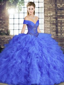 Blue Sleeveless Beading and Ruffles Floor Length Sweet 16 Quinceanera Dress