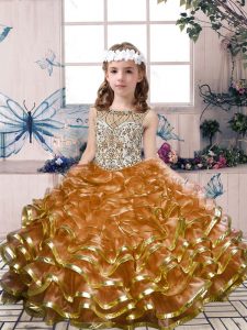 Luxurious Brown Ball Gowns Beading and Ruffles Pageant Dress for Womens Lace Up Organza Sleeveless Floor Length