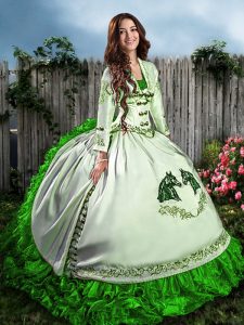 Extravagant Floor Length Lace Up 15th Birthday Dress Green for Sweet 16 and Quinceanera with Embroidery and Ruffles