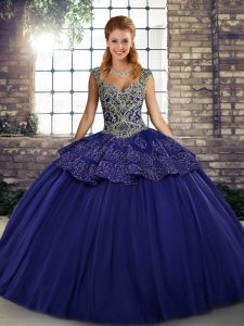 Sleeveless Floor Length Beading and Appliques Lace Up 15 Quinceanera Dress with Purple