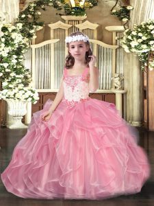 Perfect Sleeveless Organza Floor Length Lace Up Little Girl Pageant Gowns in Pink with Beading and Ruffles