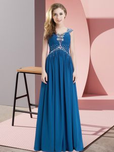 Blue Straps Lace Up Beading Prom Gown Cap Sleeves