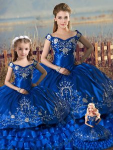 Floor Length Lace Up Quince Ball Gowns Royal Blue for Sweet 16 and Quinceanera with Beading and Ruffles