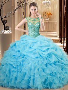 Trendy Baby Blue Sleeveless Beading and Ruffles Floor Length Sweet 16 Quinceanera Dress