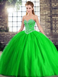 Fantastic Green Lace Up Quinceanera Gown Beading Sleeveless Brush Train