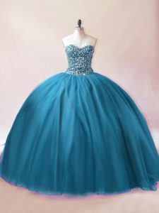 Teal Sleeveless Floor Length Beading Lace Up Quince Ball Gowns