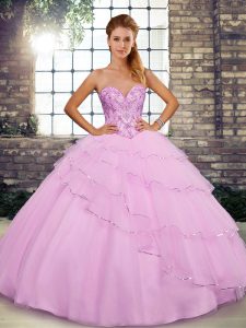 Sleeveless Beading and Ruffled Layers Lace Up Quince Ball Gowns with Lilac Brush Train
