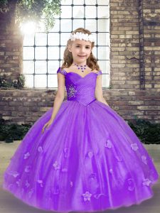 Adorable Lavender Sleeveless Beading and Hand Made Flower Lace Up Kids Pageant Dress