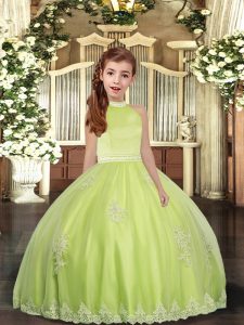 Super Yellow Green Halter Top Neckline Beading and Appliques Girls Pageant Dresses Sleeveless Backless