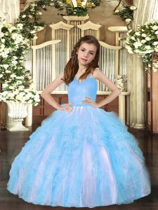 Straps Sleeveless Little Girl Pageant Dress Floor Length Ruffles Aqua Blue Tulle