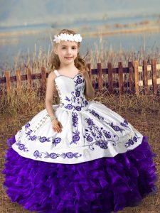 Superior Organza Straps Sleeveless Lace Up Embroidery and Ruffles Evening Gowns in Purple
