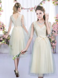 V-neck Sleeveless Damas Dress Tea Length Lace and Bowknot Champagne Tulle