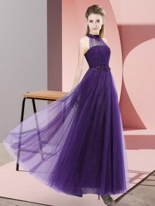 Tulle Halter Top Sleeveless Lace Up Beading and Appliques Quinceanera Court of Honor Dress in Purple