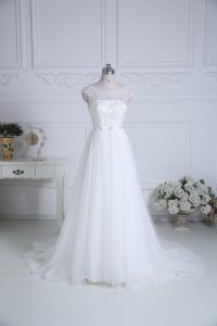 White Lace Up Wedding Gown Beading and Belt Cap Sleeves Brush Train