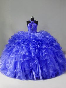 Top Selling Blue Ball Gown Prom Dress Organza Brush Train Sleeveless Beading and Ruffles
