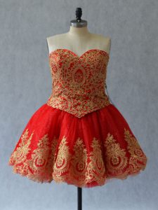 Red Ball Gowns Appliques and Embroidery Prom Dress Lace Up Tulle Sleeveless Mini Length