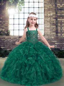 Superior Dark Green Lace Up Little Girl Pageant Gowns Beading and Ruffles Sleeveless Floor Length