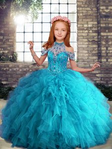 Low Price Sleeveless Lace Up Floor Length Beading and Ruffles Little Girls Pageant Dress