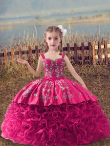 Lace Up Girls Pageant Dresses Hot Pink for Wedding Party with Embroidery Sweep Train