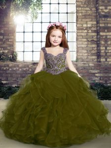 Olive Green Lace Up Pageant Dress Toddler Beading and Ruffles Sleeveless Floor Length