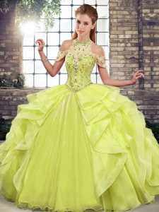 Super Halter Top Sleeveless Organza Quinceanera Dress Beading and Ruffles Lace Up