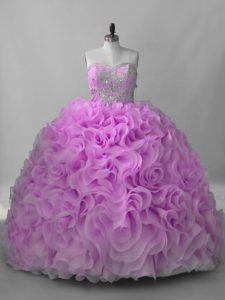 High Class Lilac Ball Gowns Fabric With Rolling Flowers Sweetheart Sleeveless Beading Lace Up Ball Gown Prom Dress Brush