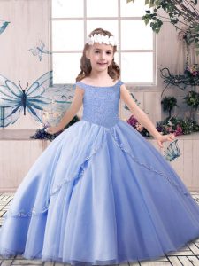 Pretty Blue Lace Up Pageant Dress for Teens Beading Sleeveless Floor Length