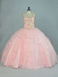 Gorgeous Straps Sleeveless Sweet 16 Quinceanera Dress Floor Length Beading and Ruffles Peach Tulle