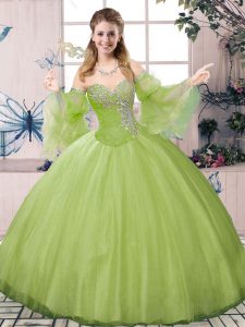 Fantastic Olive Green Lace Up Sweetheart Beading Quinceanera Dress Tulle Long Sleeves