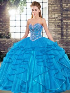 Sweetheart Sleeveless Lace Up Quince Ball Gowns Blue Tulle