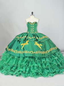 Trendy Sleeveless Embroidery and Ruffled Layers Lace Up Sweet 16 Dresses with Green Brush Train
