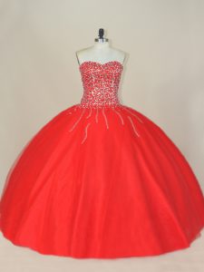 Red Sweetheart Neckline Beading Ball Gown Prom Dress Sleeveless Lace Up